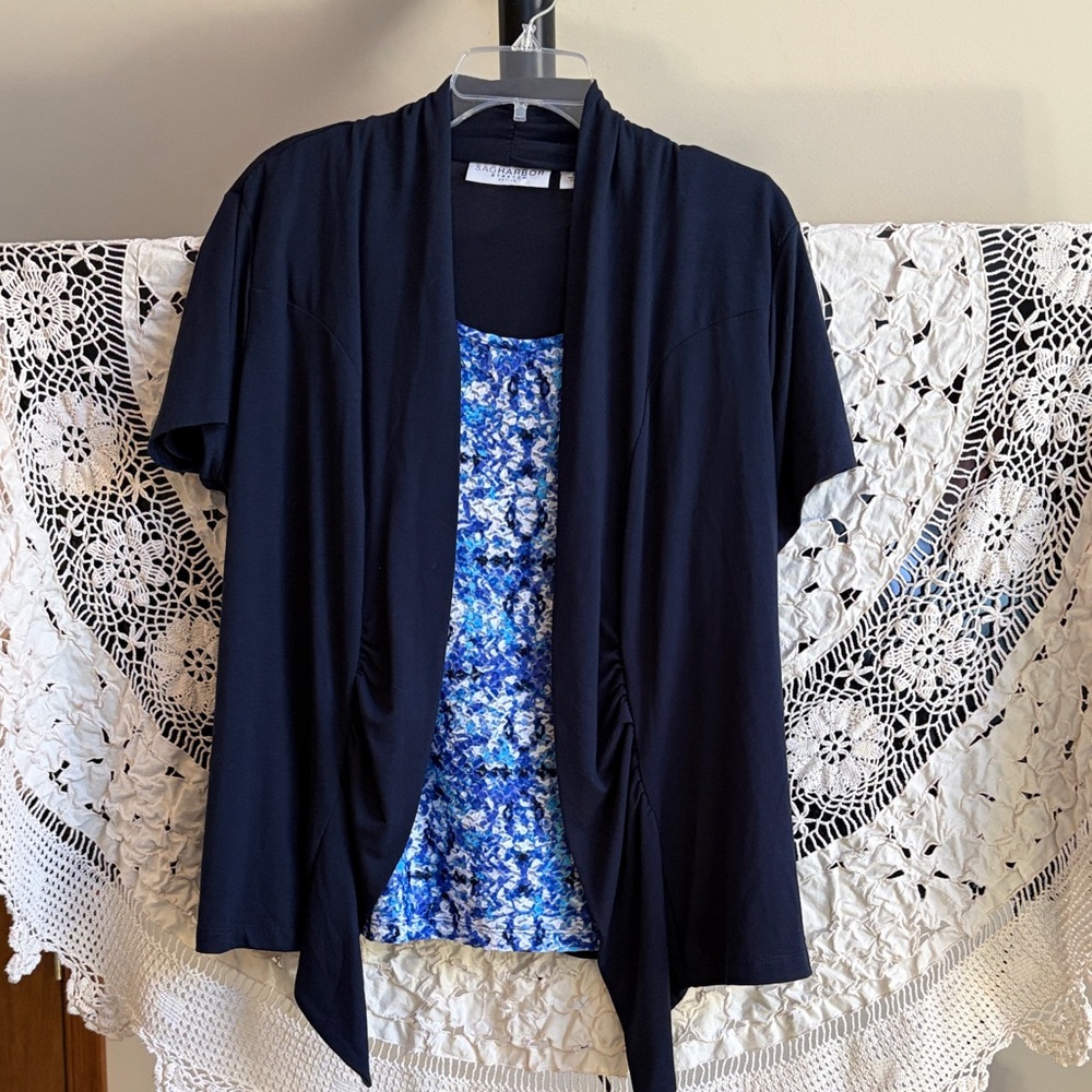 Sag Harbor NWT  Navy Blue Open Front Cardigan with Blue Floral Top PXL